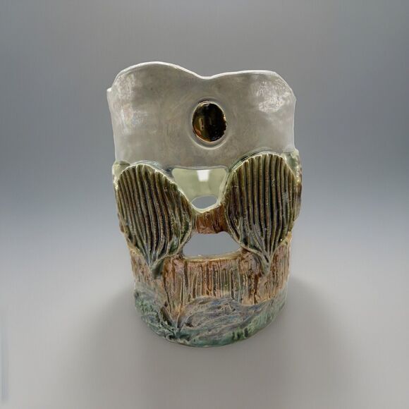 John Nartker Studio Art Pottery Candle Holder Iridescent Cut Out Seashell Signed
